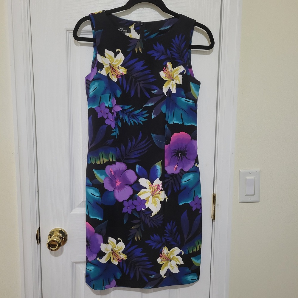 AGB Dress Womens Sz 6 Tropical Floral Sleeveless Sheath Dress Black Purple Teal